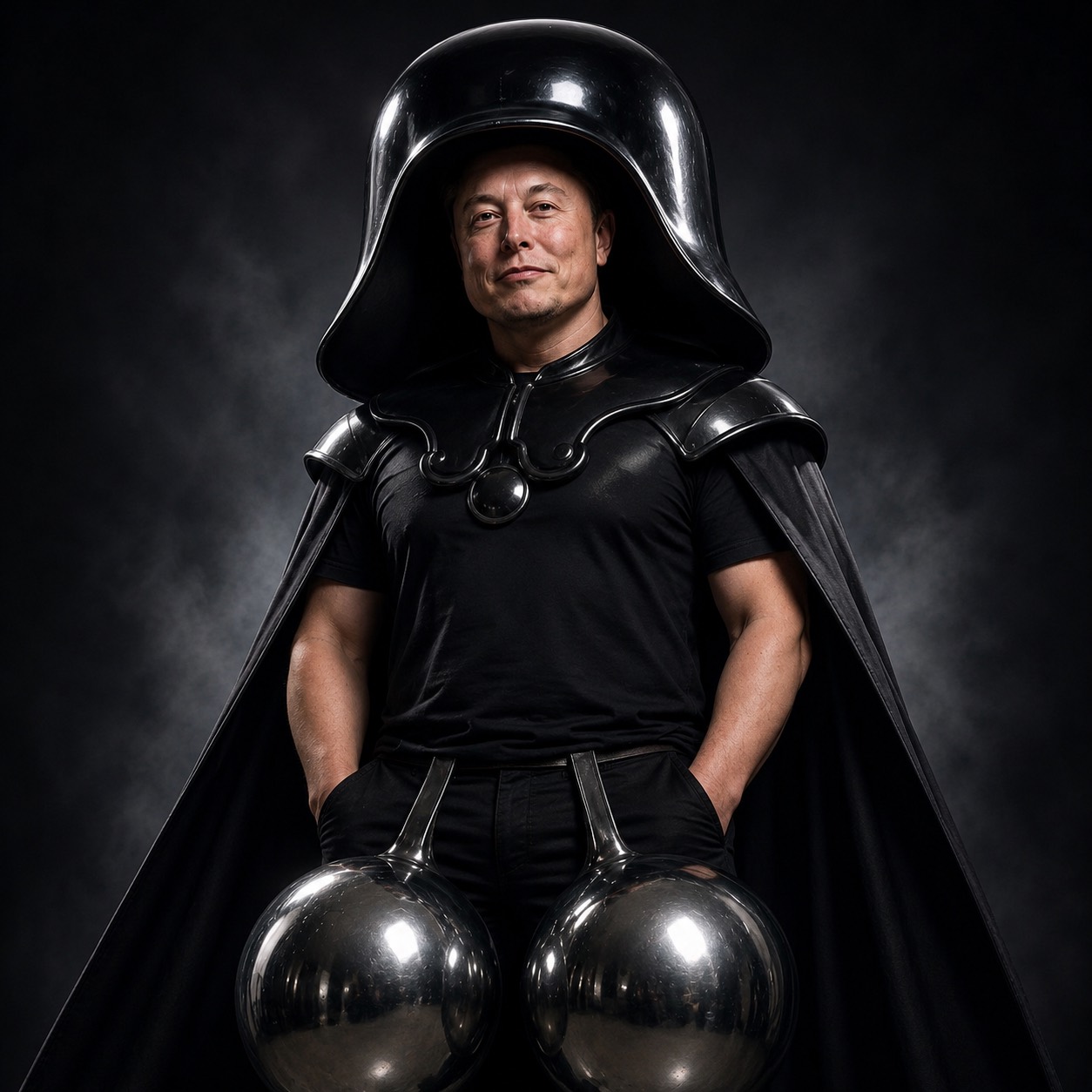 Parody space commander in a glossy black helmet and cape