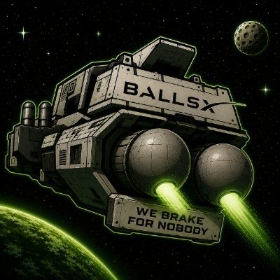 $BALLS spacecraft firing twin green thrusters above a planet