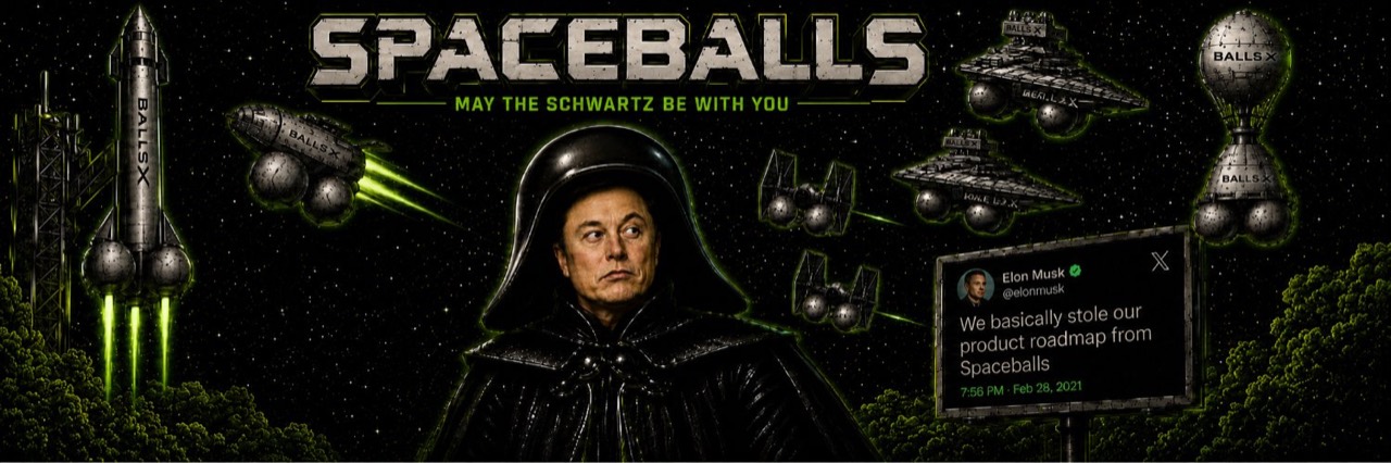 Wide $BALLS parody scene with rockets, spacecraft, a helmeted commander, and a public Spaceballs reference