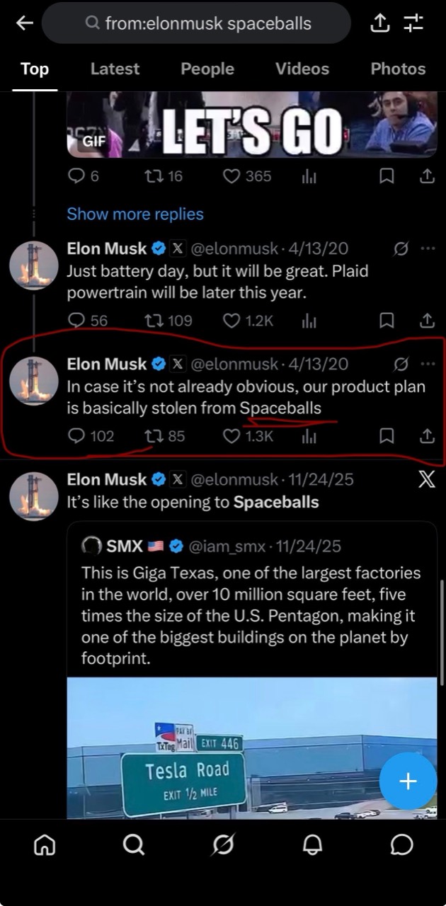 Screenshot showing public Spaceballs references in posts attributed to Elon Musk